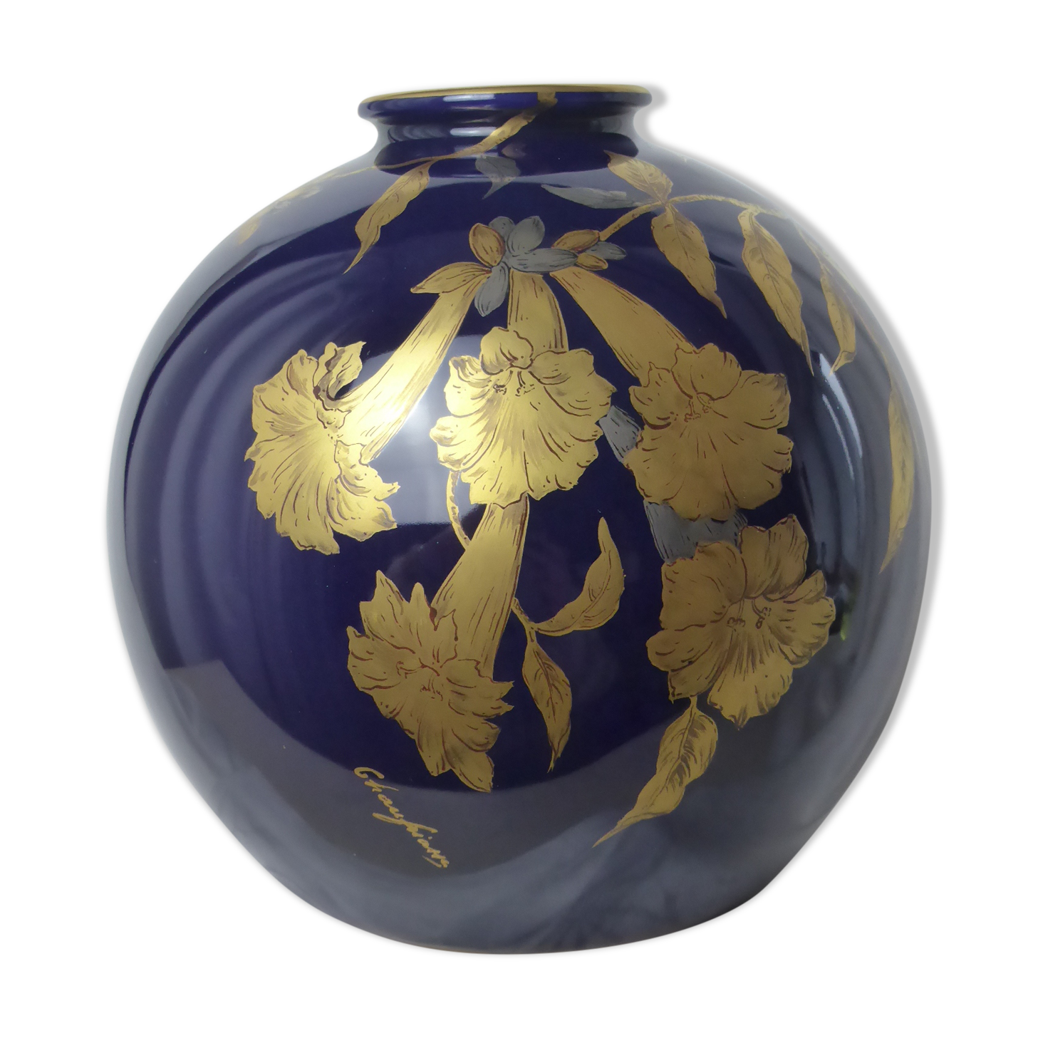 Vase in Limoges porcelain midnight blue signed Chaufriasse-Diam. 20cm
