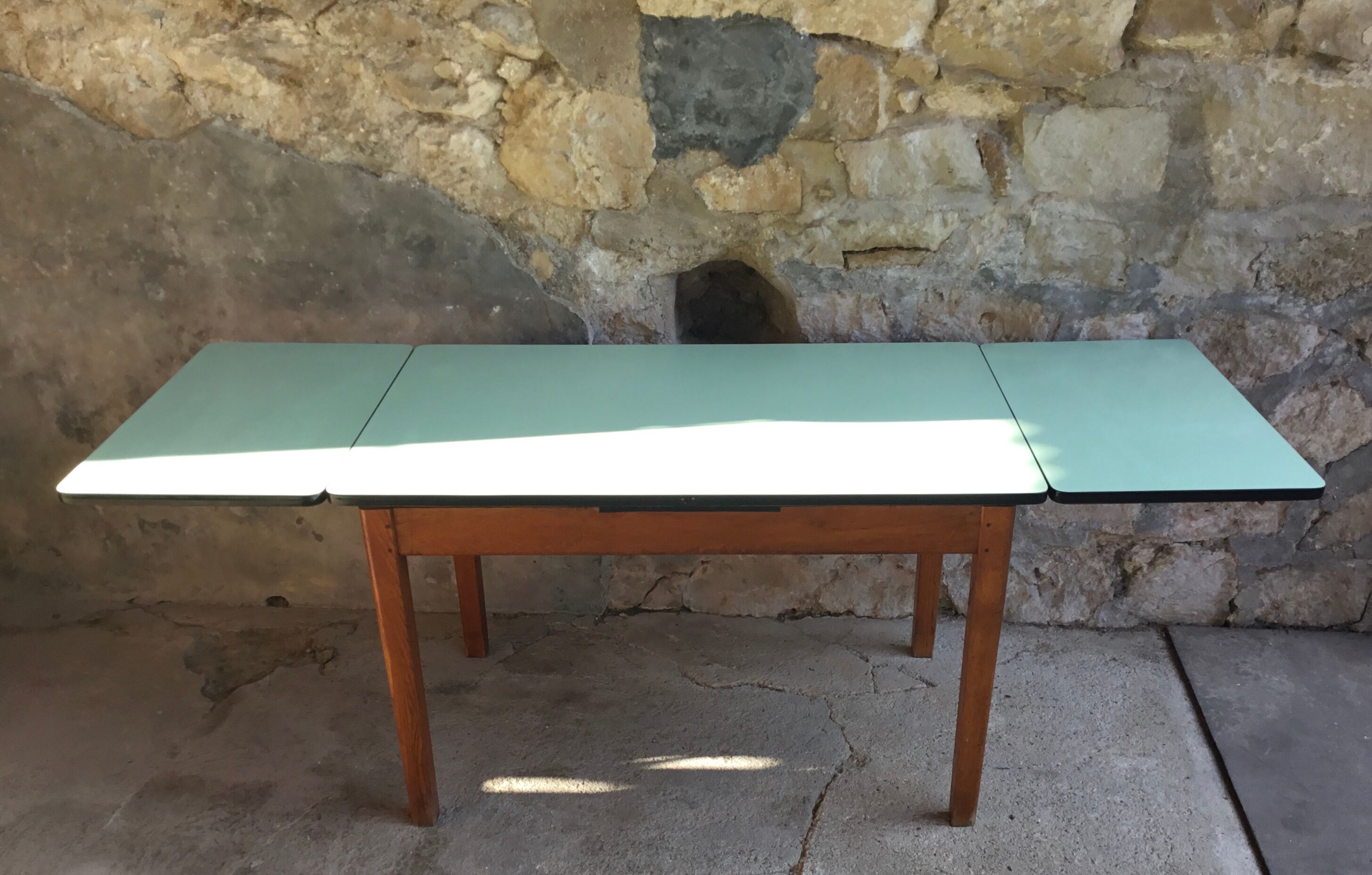 Vintage stretch table - oak footing - mint green formica tray - 1950