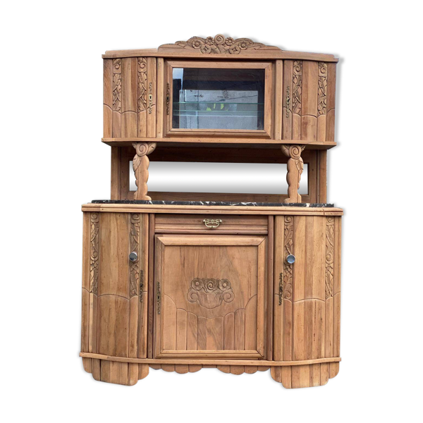 Buffet parisien art déco 2 corps rénové en chêne massif et marbre 1940 152c