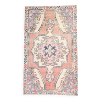 Tapis oriental turc vintage en laine orange pâle et beige 4x7, 127x210 cm SK 6787