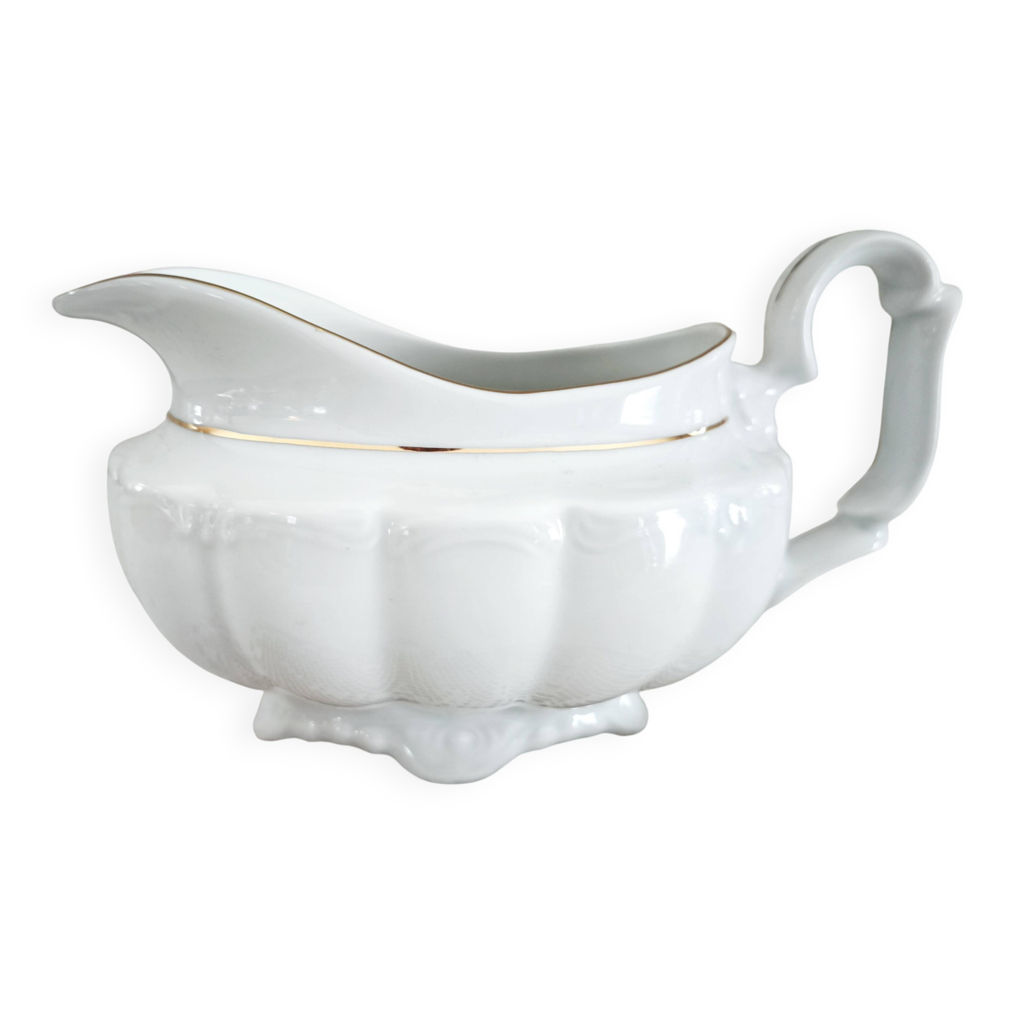 Porcelain sauceboat, white manufacture with double gold line, hand-painted.