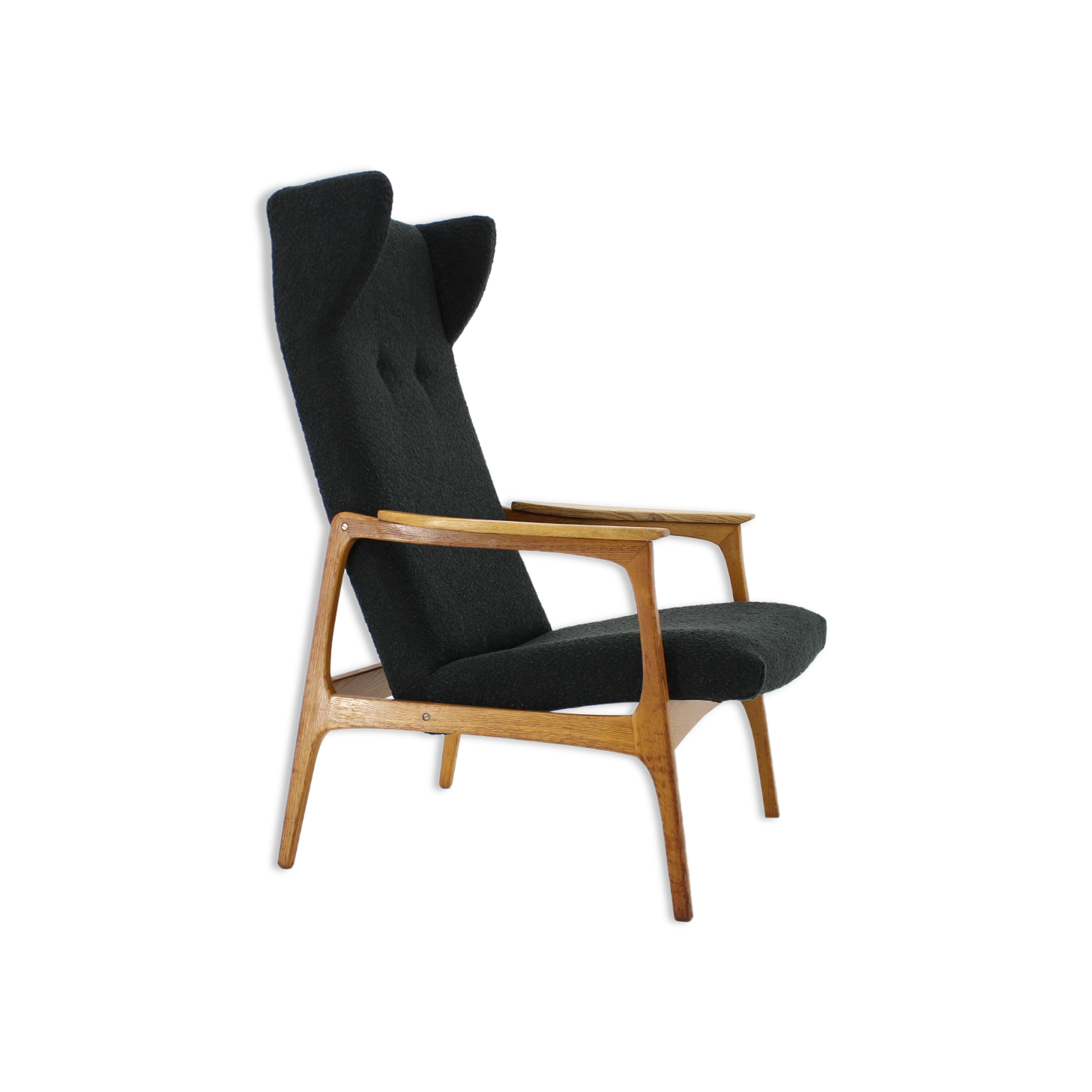 1960s Oak Wing Chair in Bouclé Upholstery, Czechoslovakia