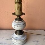Round lamp base in white patina wood and brass