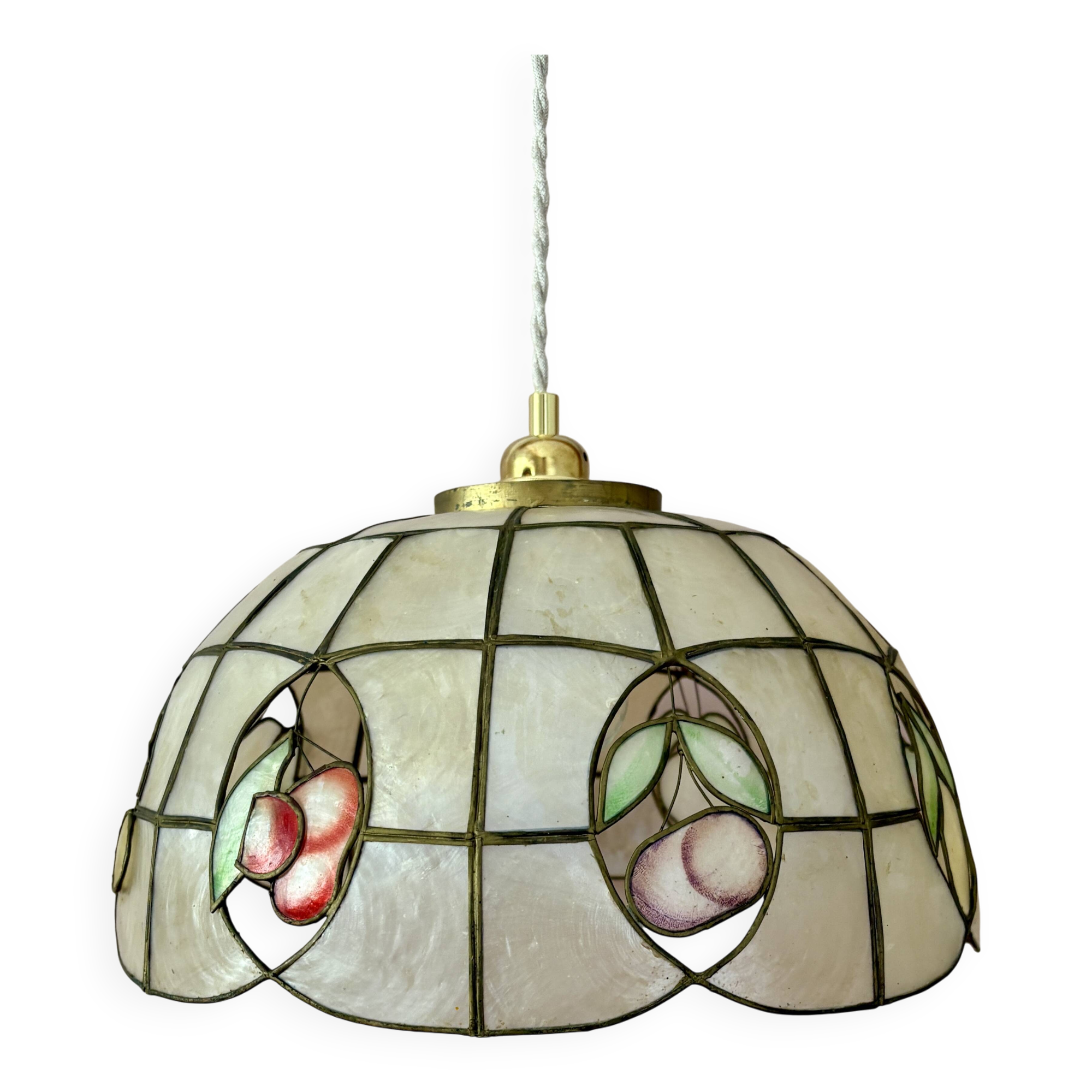 Vintage mother-of-pearl and brass lampshade pendant light with fruit decorations (2)