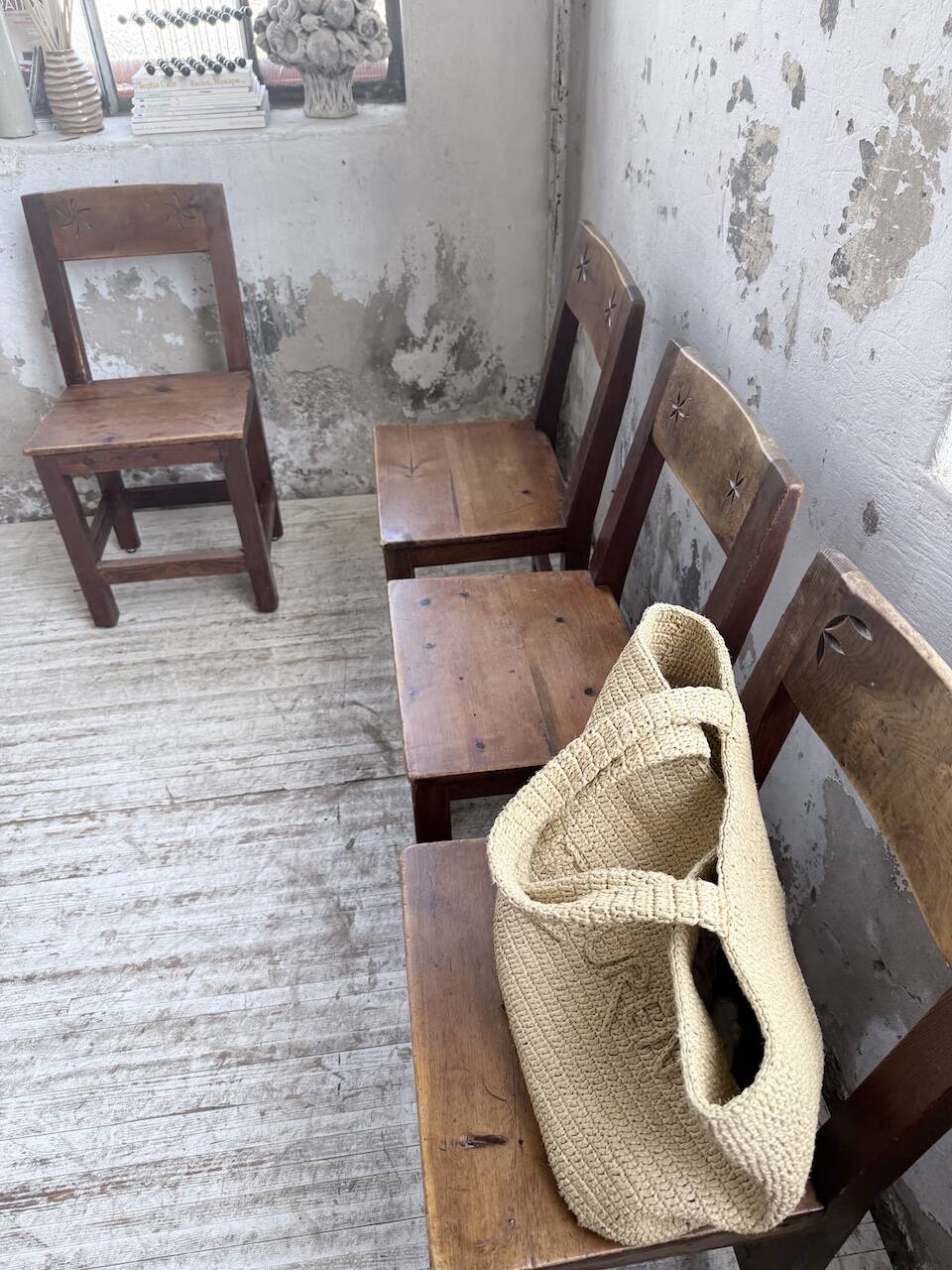 Set of 4 Savoyard pine folk art chairs from the 1950s.