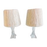 Pair of twisted glass foot bedside lamps and wool/vintage 60s and 70s lampshades