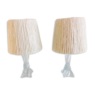 Pair of twisted glass foot bedside lamps and wool/vintage 60s and 70s lampshades