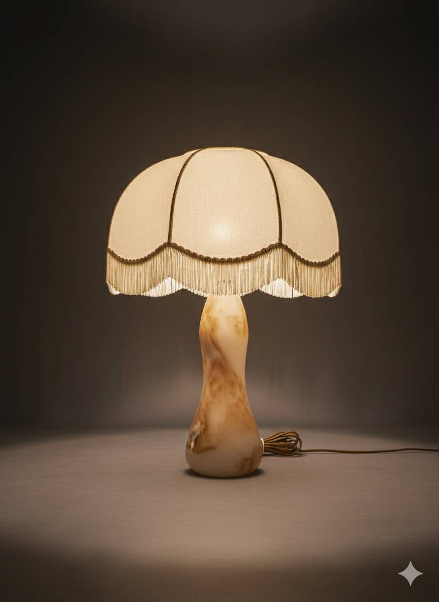 Vintage alabaster lamp with fringed shade – 1960s