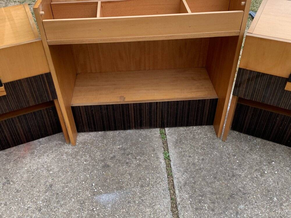 Mid-century brown and black lacquer dressing table set with 2 bedside tables.