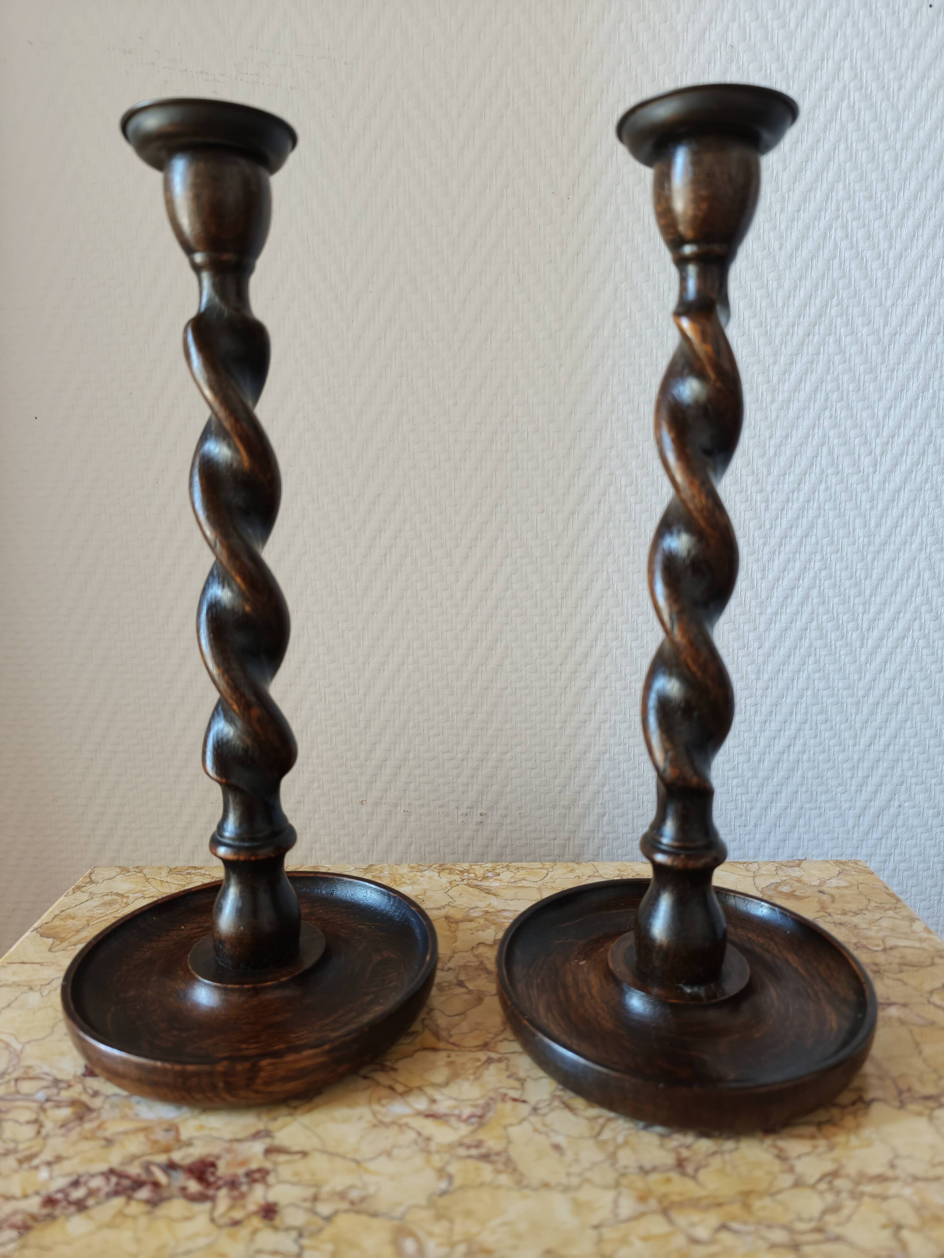Pair of Barley Twist candlesticks in oak – English style, circa 1950