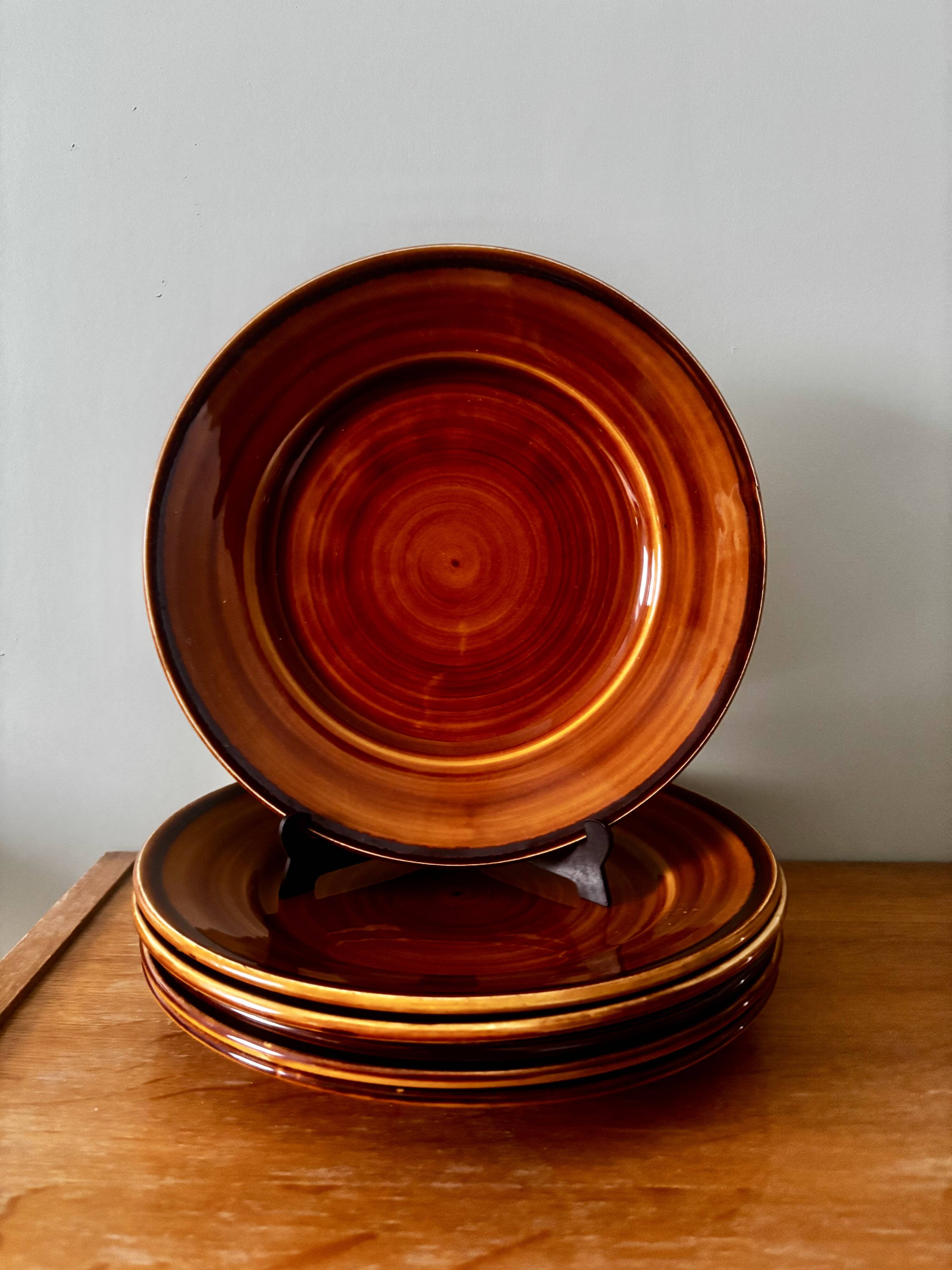 Vintage set of 6 honey brown flat plates from Lunéville.