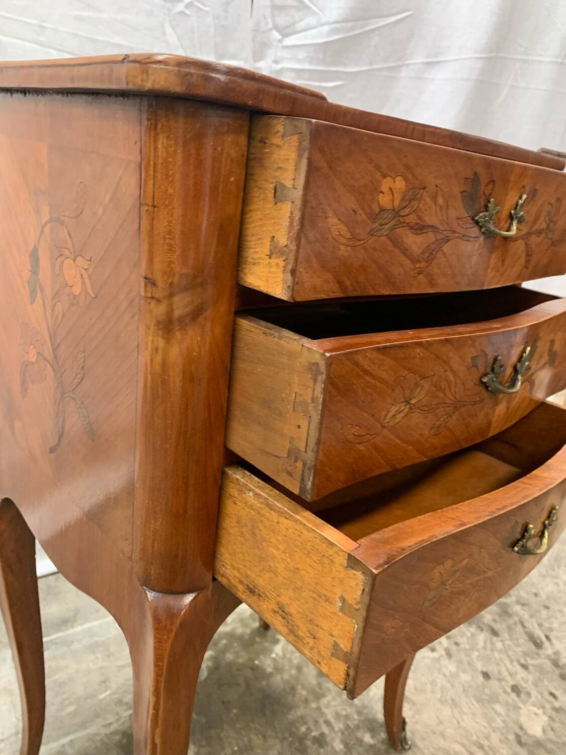 Louis XV style marquetry bedside table with floral flower