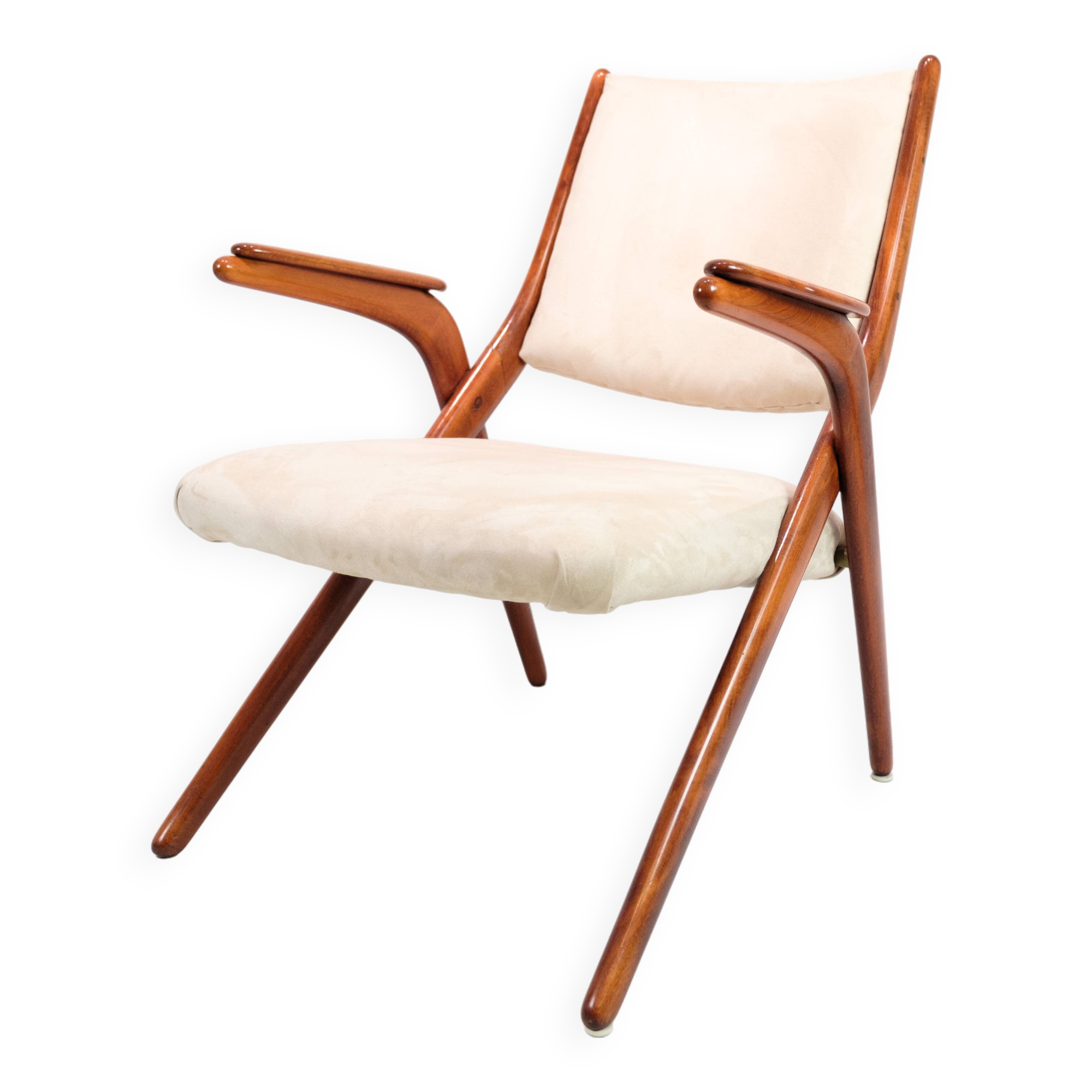 Armchair Made In Polished Dark Wood & Light Fabric By Arne Hovmand-Olsen From 1960s