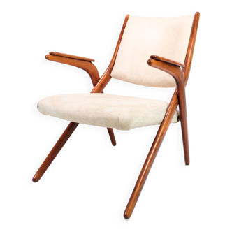 Armchair Made In Polished Dark Wood & Light Fabric By Arne Hovmand-Olsen From 1960s