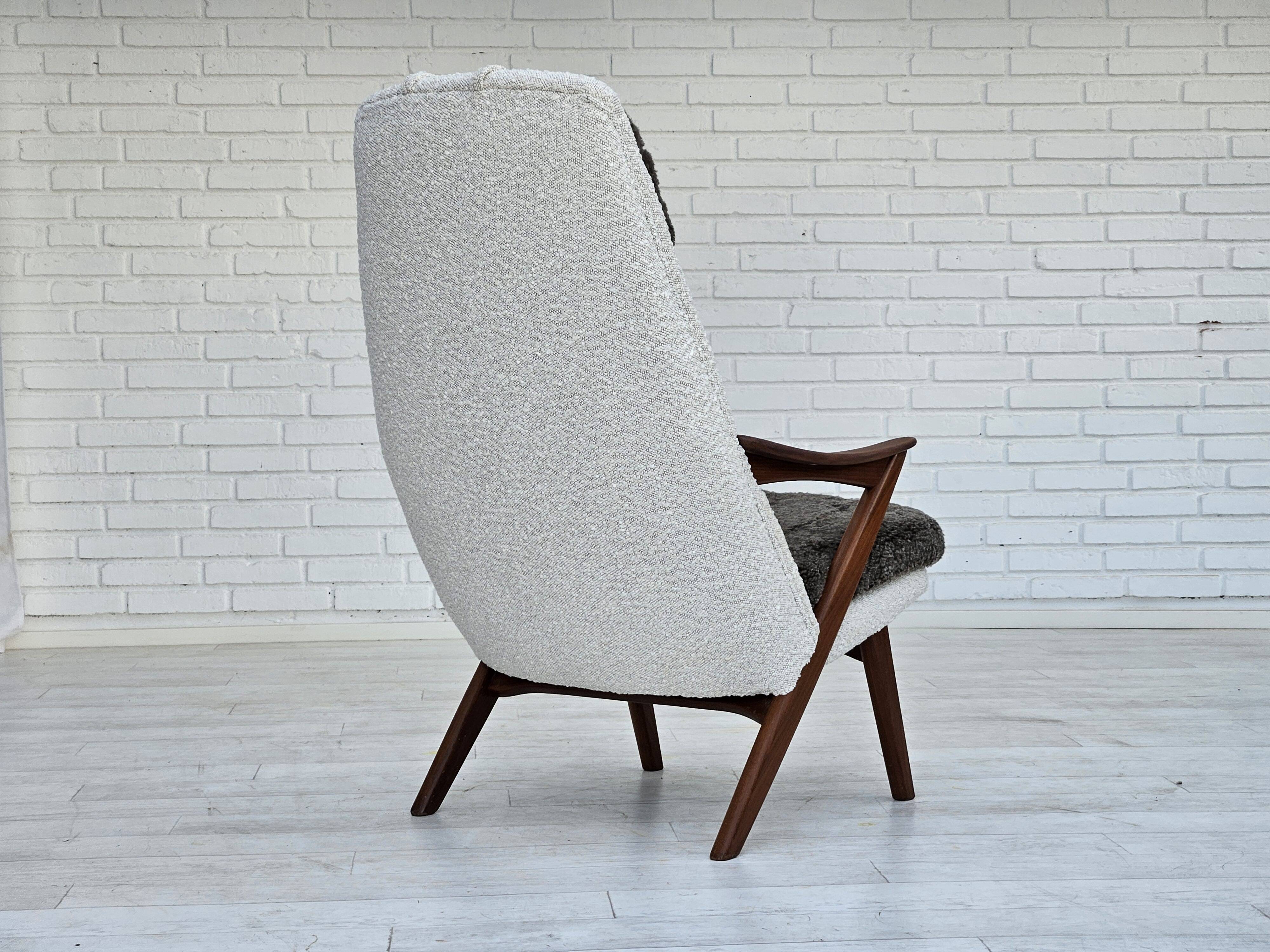 1960s, Scandinavian design, reupholstered armchair, furniture fabric, genuine sheepskin, teak.
