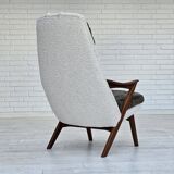1960s, Scandinavian design, reupholstered armchair, furniture fabric, genuine sheepskin, teak.