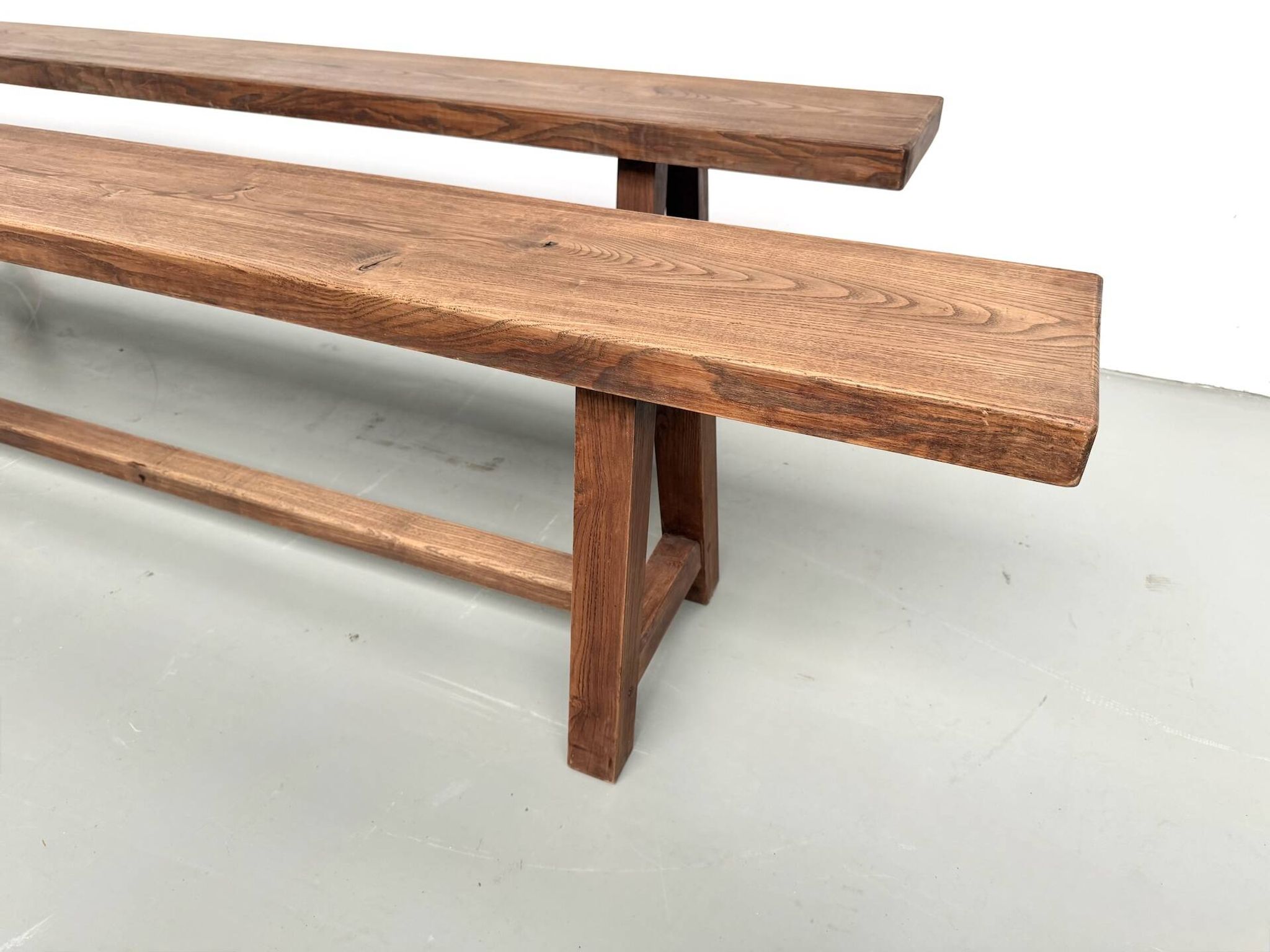 Pair of XL size benches in solid oak, 1950s.