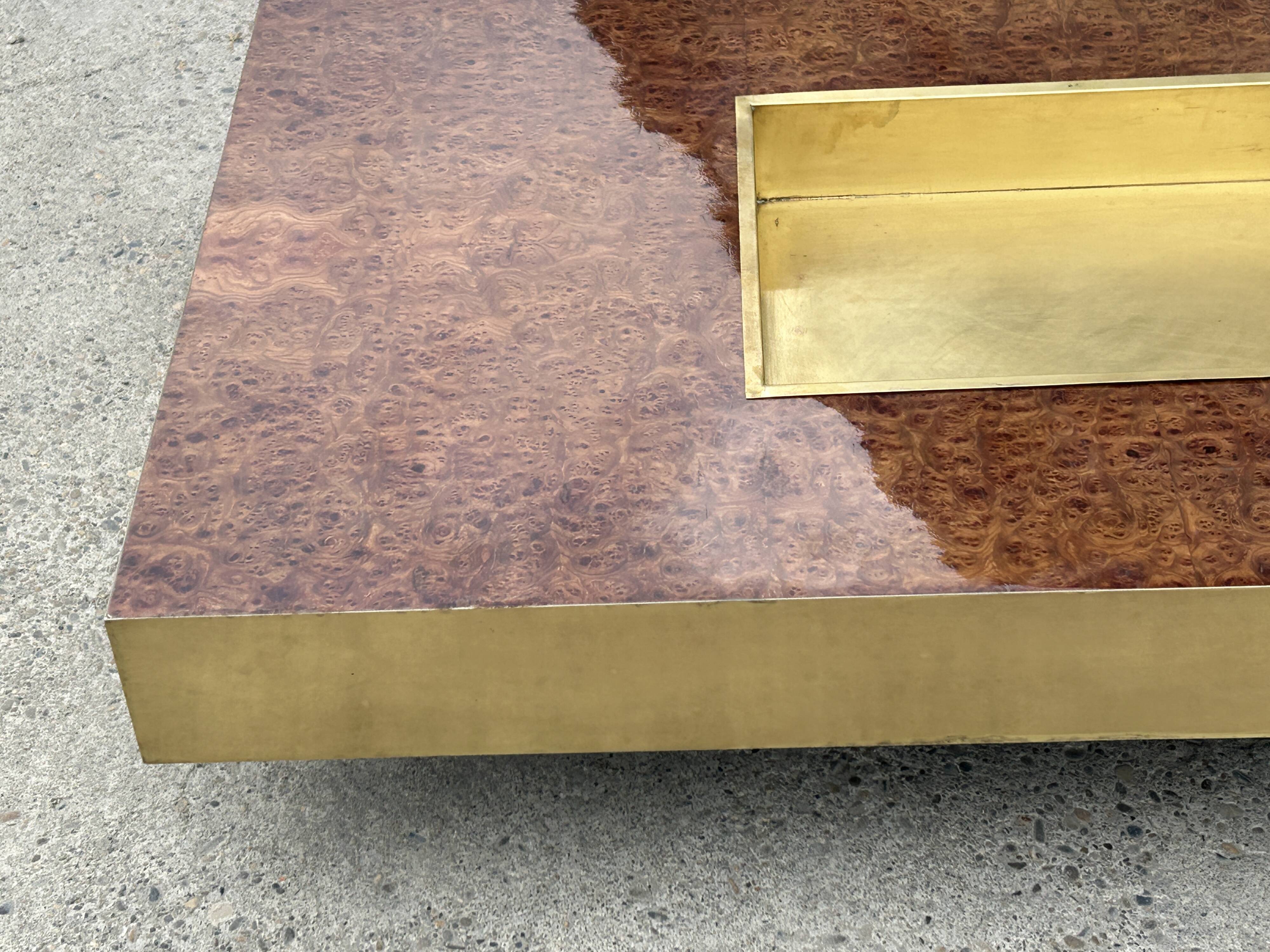 Willy Rizzo coffee table in walnut burl and brass 1970