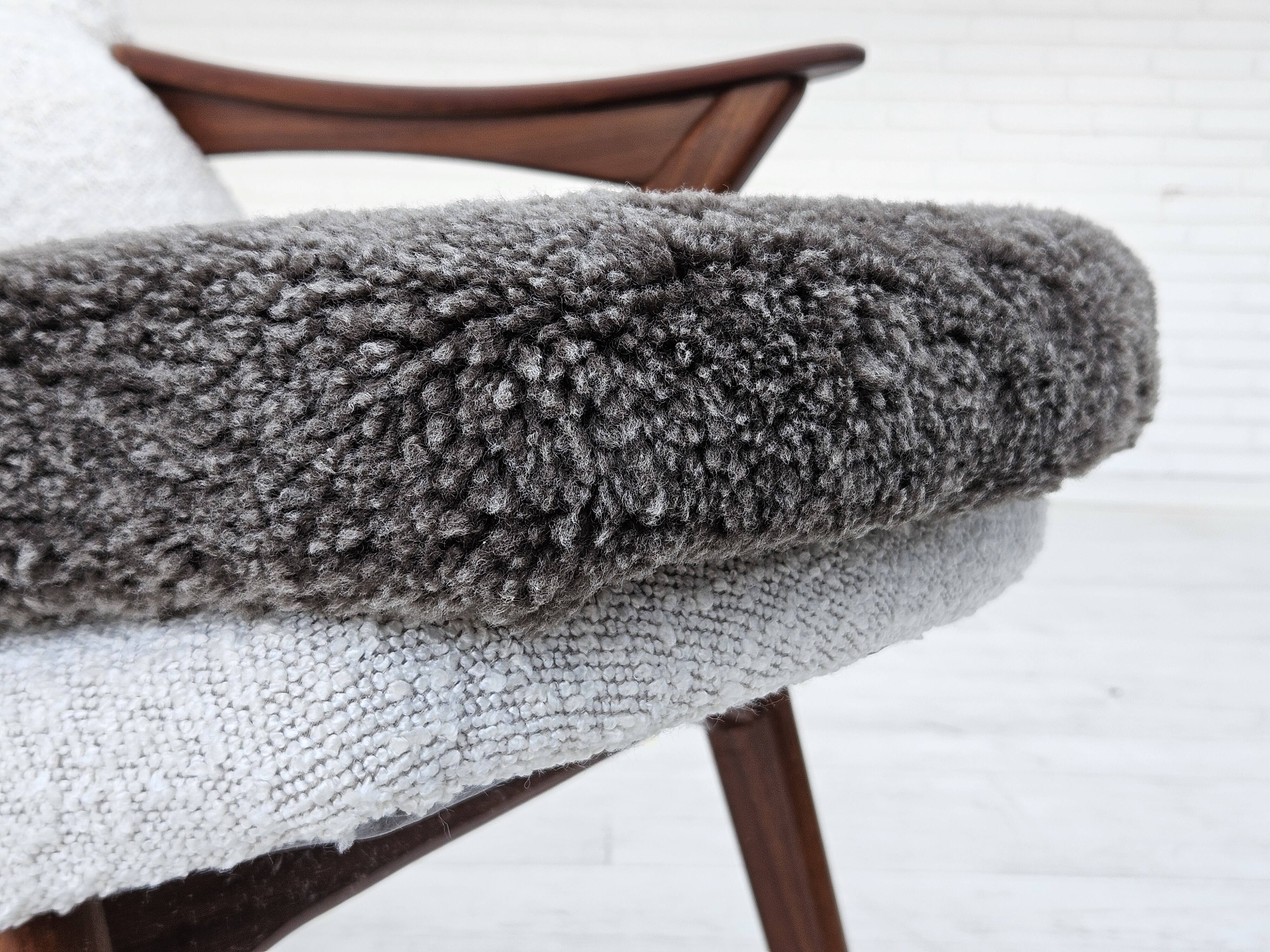 1960s, Scandinavian design, reupholstered armchair, furniture fabric, genuine sheepskin, teak.