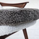 1960s, Scandinavian design, reupholstered armchair, furniture fabric, genuine sheepskin, teak.