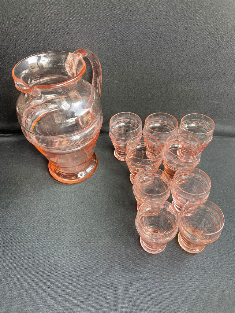 Service for 4 people - Art Deco - Glass or 1/2 pink crystal blown and cut