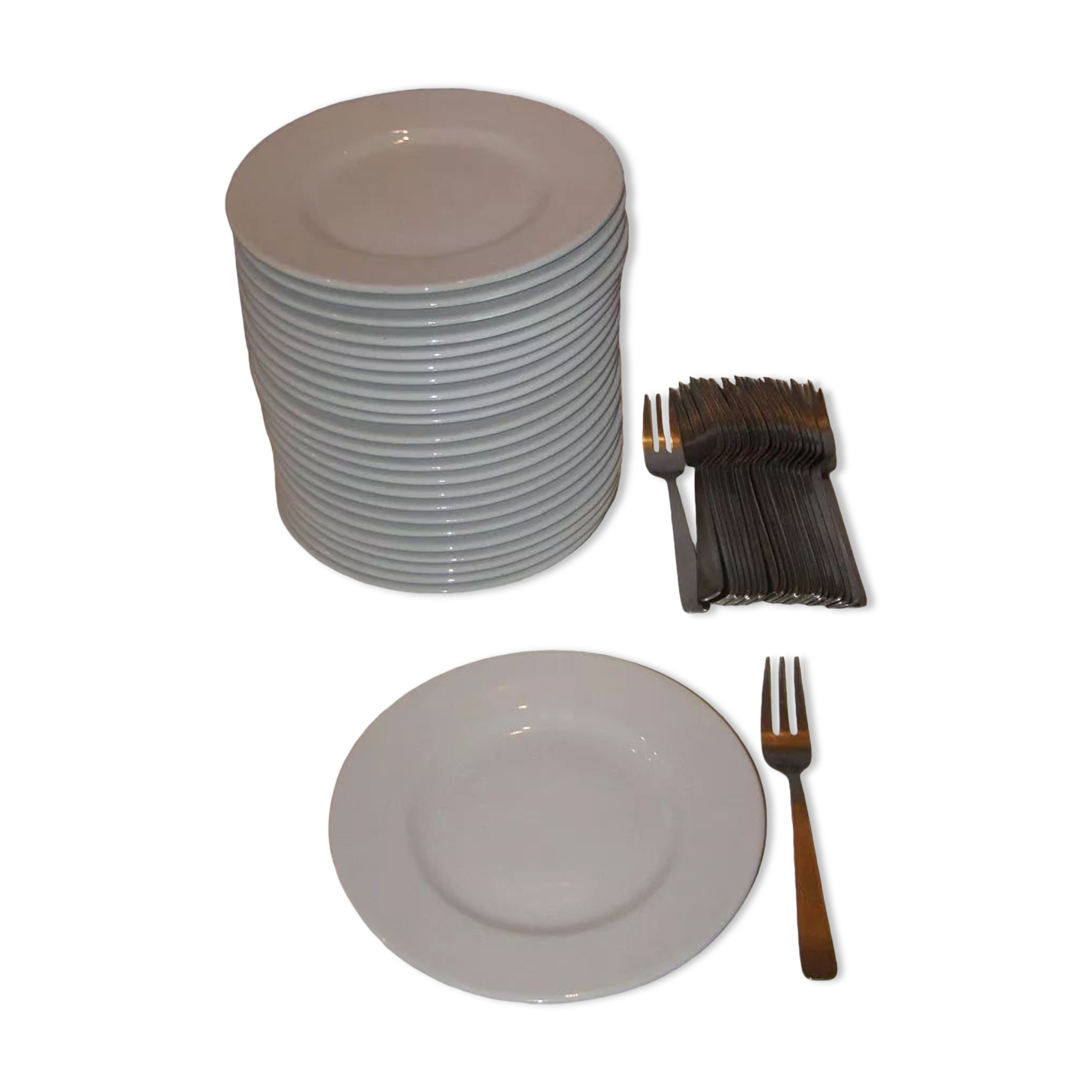 72 white porcelain dessert plates "Saturnia" + 72 stainless steel dessert forks