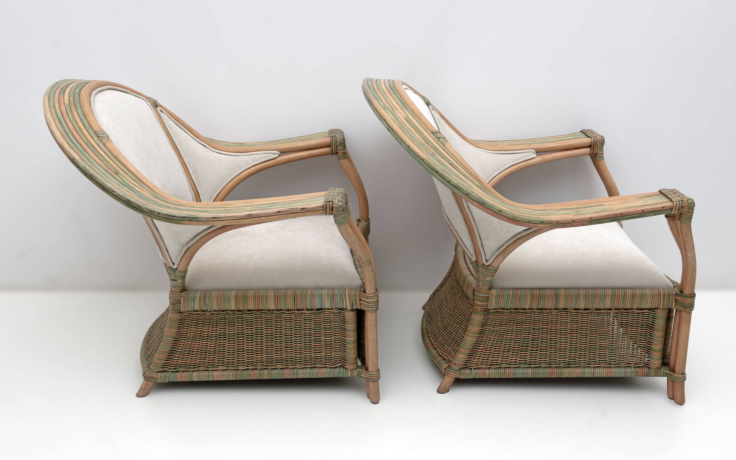 Mid-century Modern Italian Rattan and Wicker Two Armchairs and Sofa, 1970s
