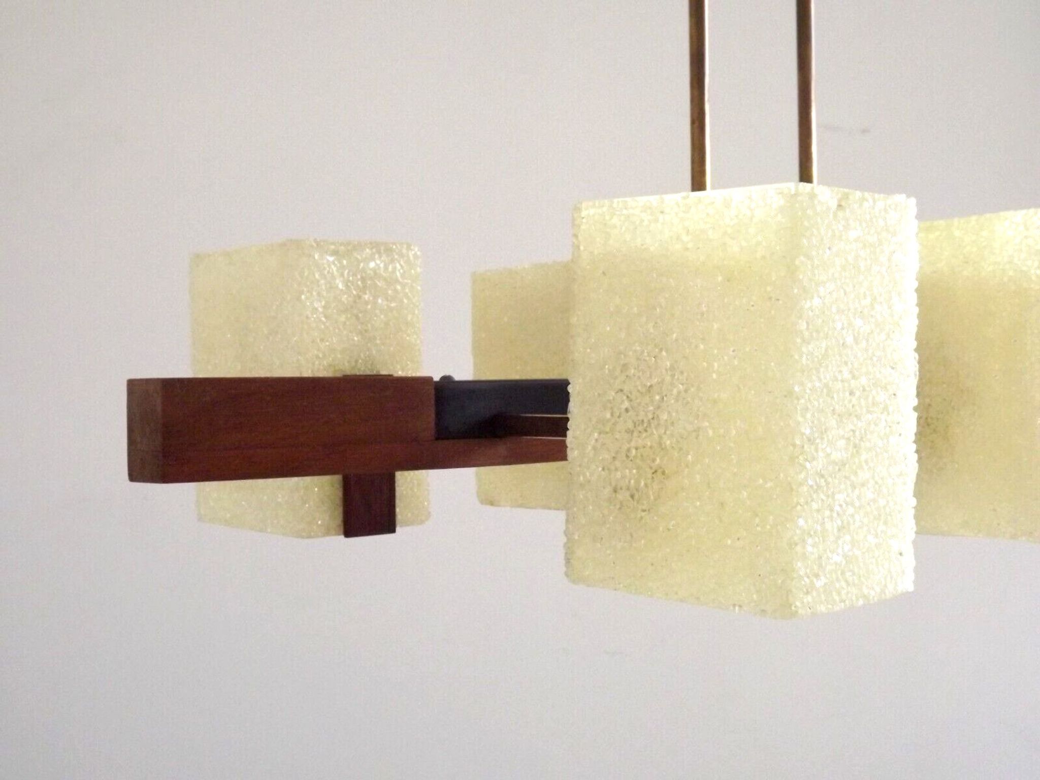 Super Retro 1960s Scandinavian Style 6 Light Teak Bass & Perspex Chandelier