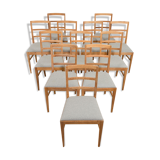 Set Of 6 Mid Century oak dining chairs by Fritz Hansen, natural wool upholstery, 1950s