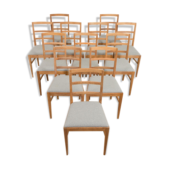 Set Of 6 Mid Century oak dining chairs by Fritz Hansen, natural wool upholstery, 1950s