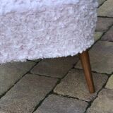 Vintage cocktail chair in pale pink faux fur, solid beech legs - 1950s