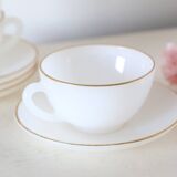 Set of 4 cups and under cups Arcopal harlequin range, white and gold, made in France