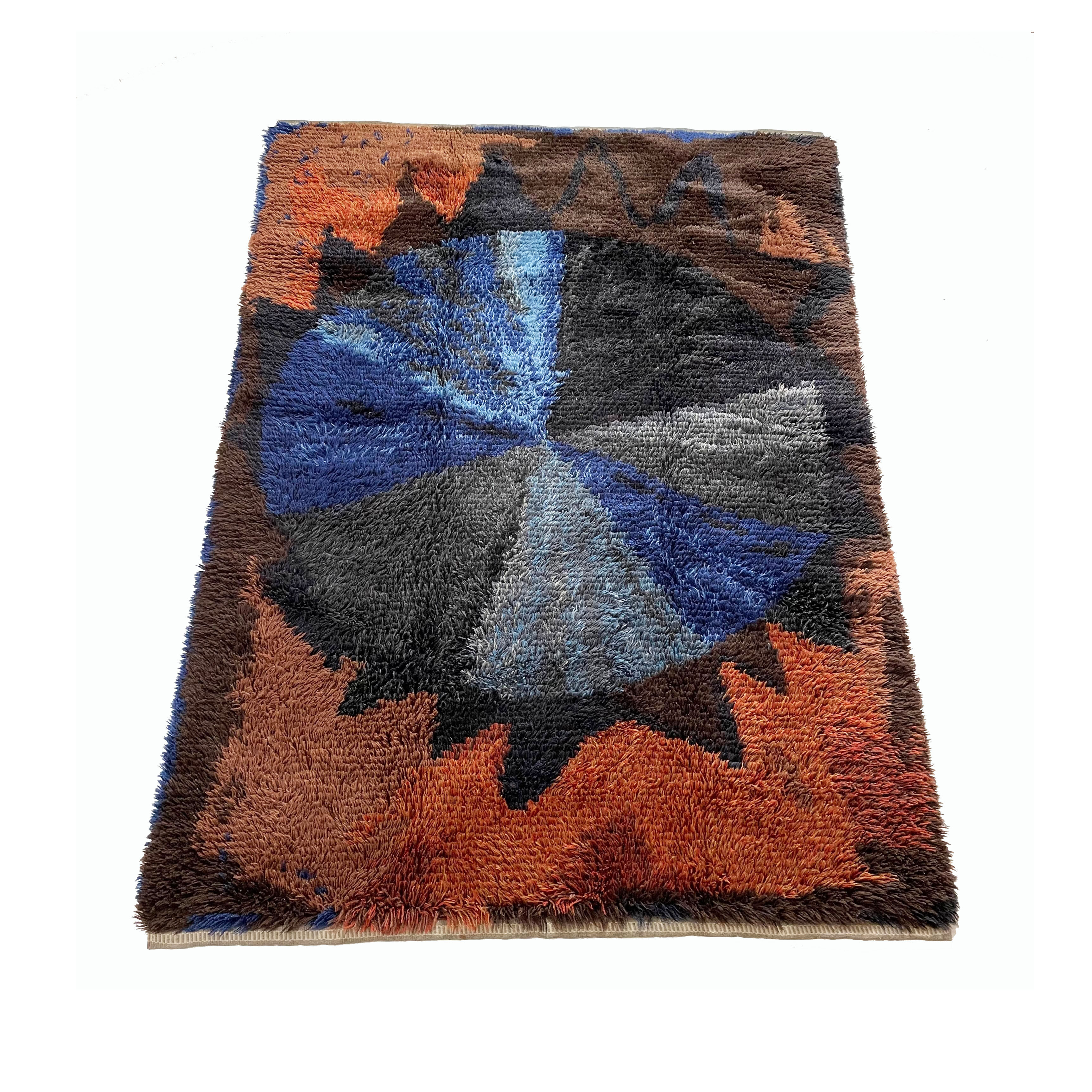 Abstract Scandinavian Multicolor High Pile Rya Rug Carpet, Sweden, 1960s