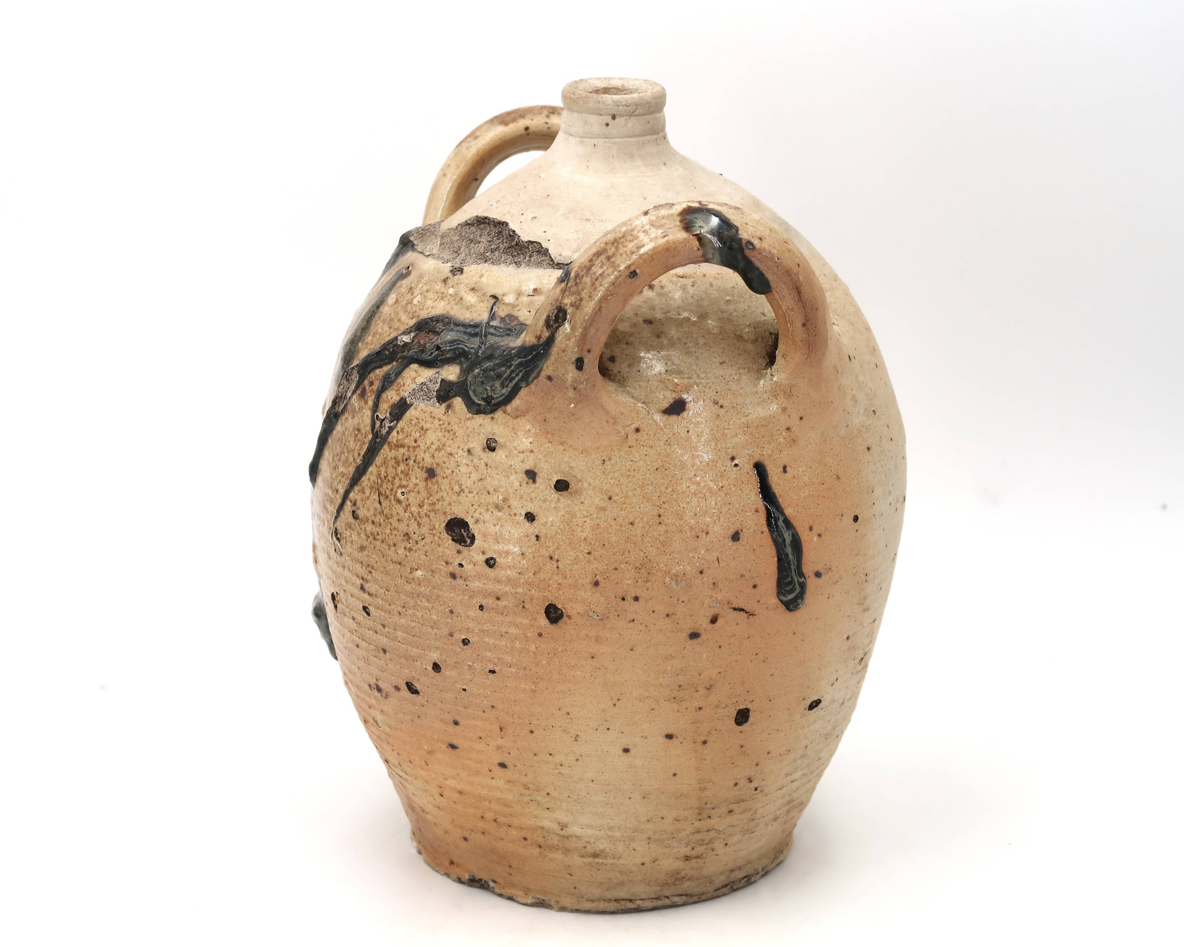 Traditional wabi-sabi stoneware ceramic jar with handles, 1900