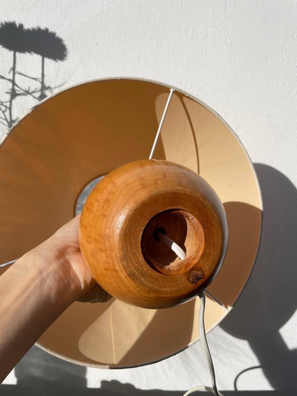 Wooden ball lamp with beige lampshade, 1980