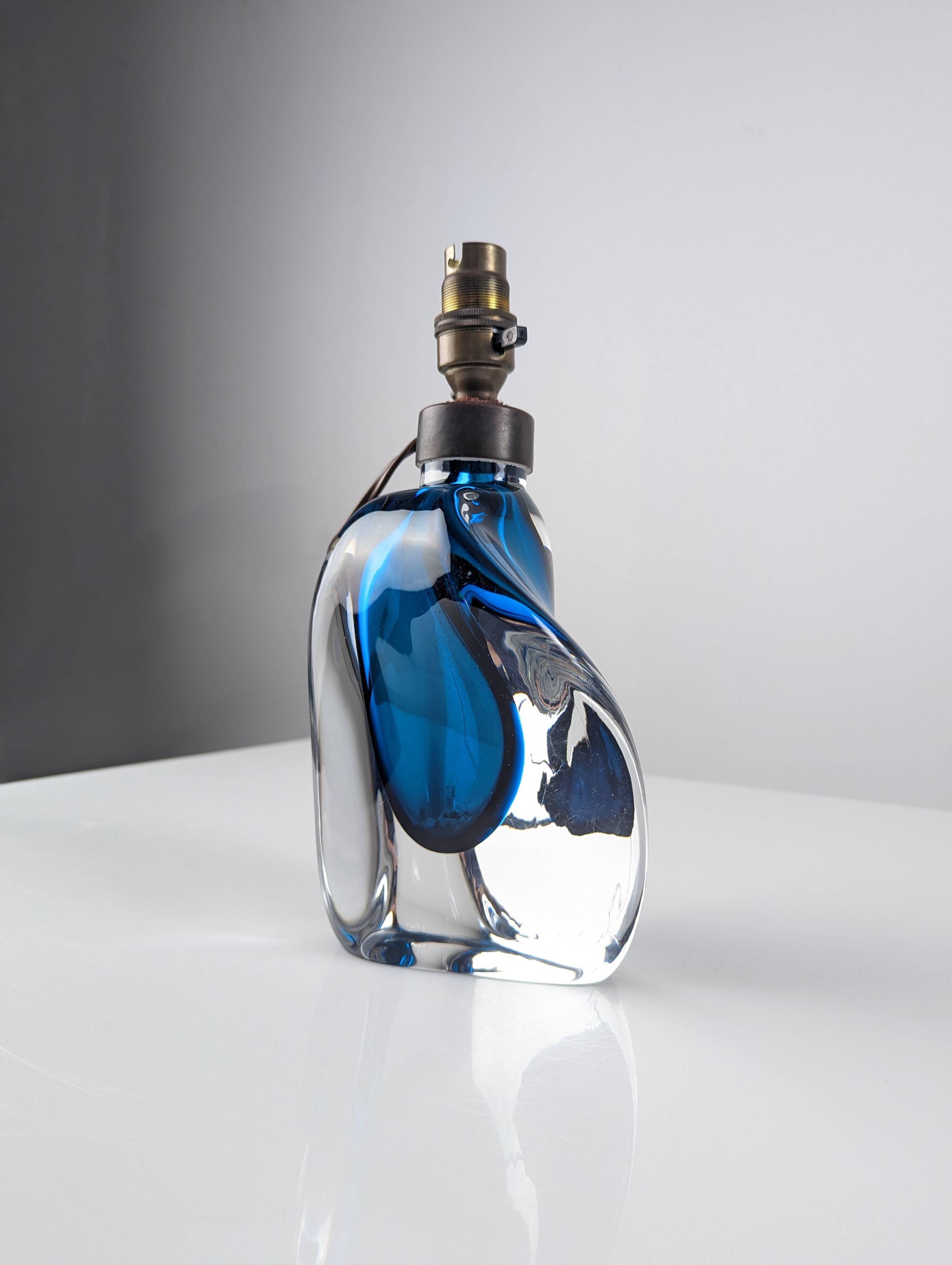 Orrefors Swedish Modern Blue Cased Glass Table Lamp Numbered 1950s