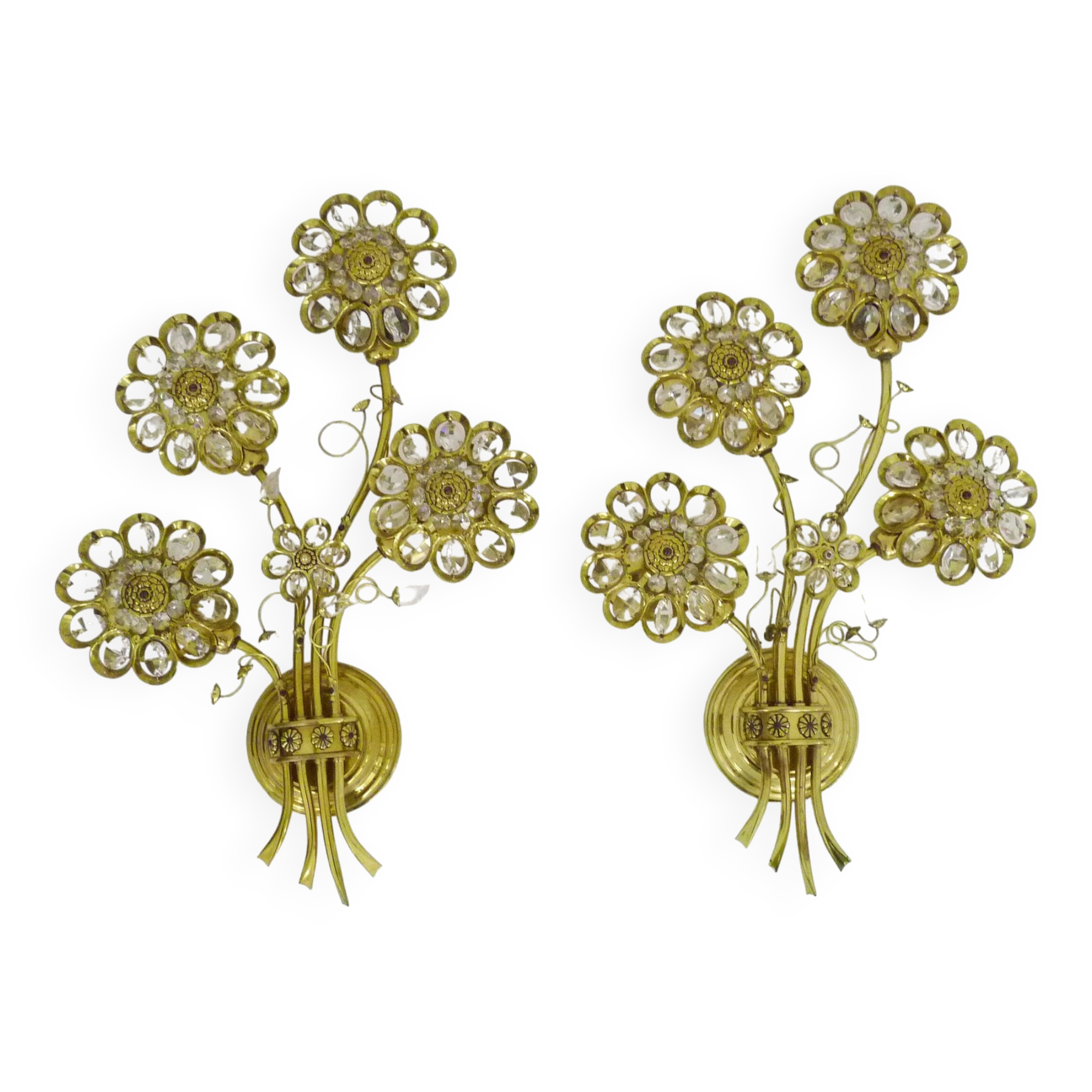 Large pair of vintage Palwa crystal and brass flower wall lights with 4 lights. 70s