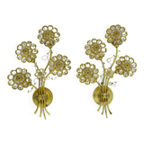 Large pair of vintage Palwa crystal and brass flower wall lights with 4 lights. 70s