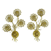 Grande paire d'appliques murales vintage Palwa fleurs cristal et laiton à 4 feux. Années 70