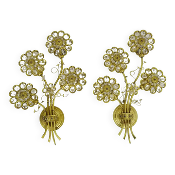 Large pair of vintage Palwa crystal and brass flower wall lights with 4 lights. 70s