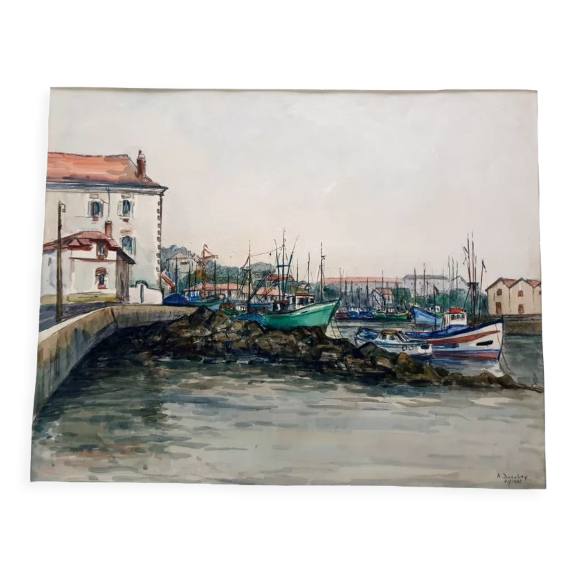 André Duculty (1912-1990) Watercolor on paper "Port of Brittany, Quiberon?" Signed lower right