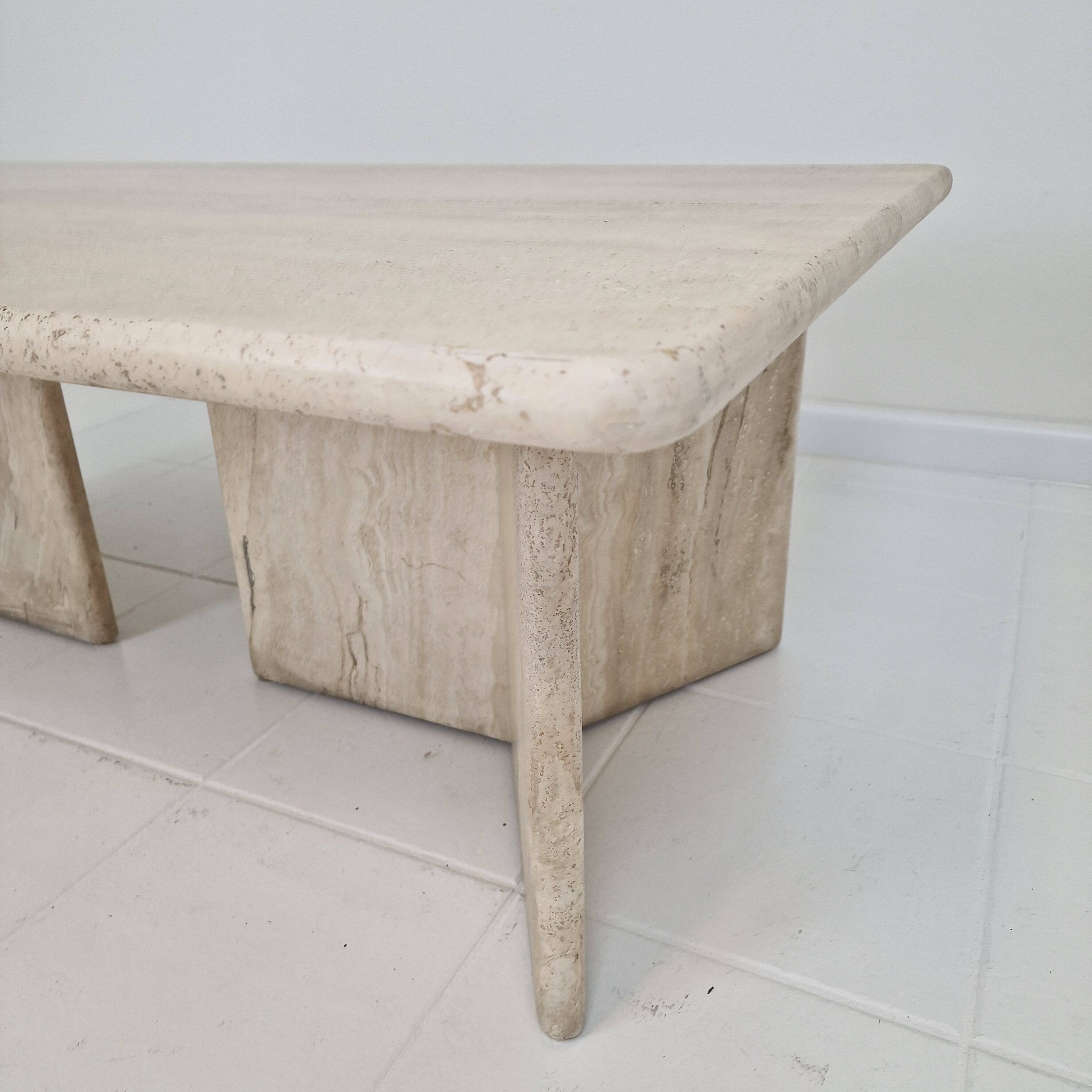 Robust Italian Travertine Coffee Table With two 3-leg Feet, 1980s