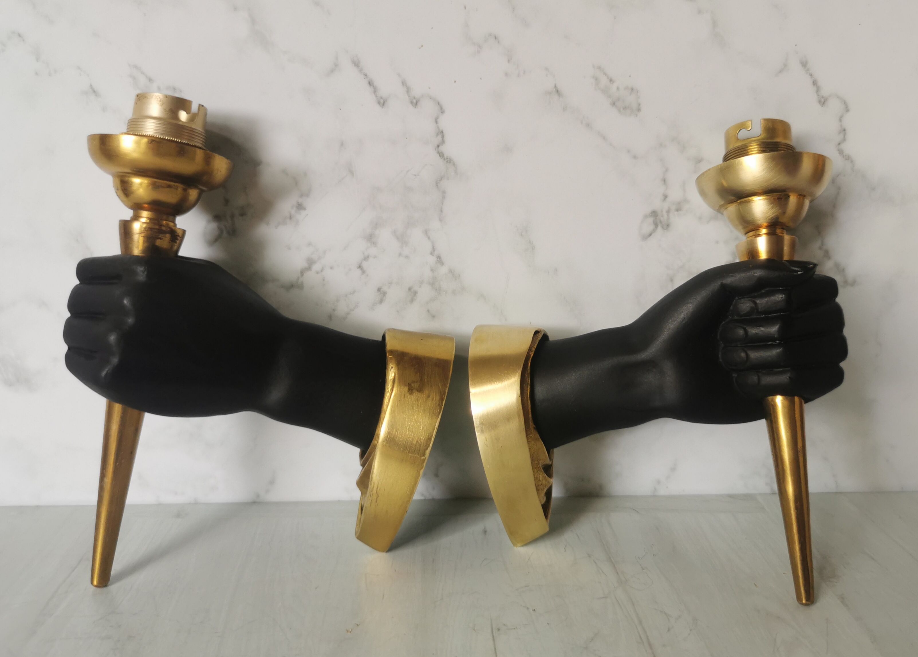 Pair of brass hand flare appliques