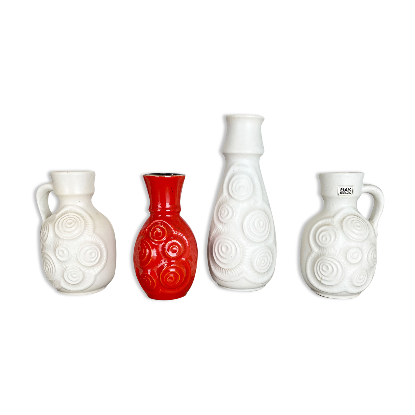Set of 4 Red-White Fat Lava Op Art Pottery Vases by Bay Ceramics, Germany