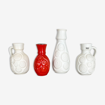 Ensemble de 4 vases en poterie Red-White Fat Lava Op Art par Bay Ceramics, Allemagne