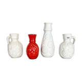 Set of 4 Red-White Fat Lava Op Art Pottery Vases by Bay Ceramics, Germany