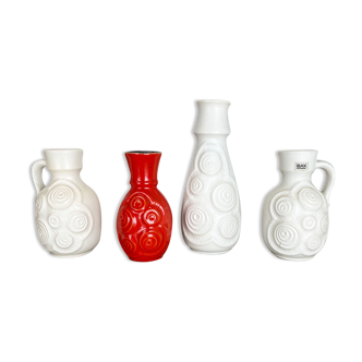 Set of 4 Red-White Fat Lava Op Art Pottery Vases by Bay Ceramics, Germany