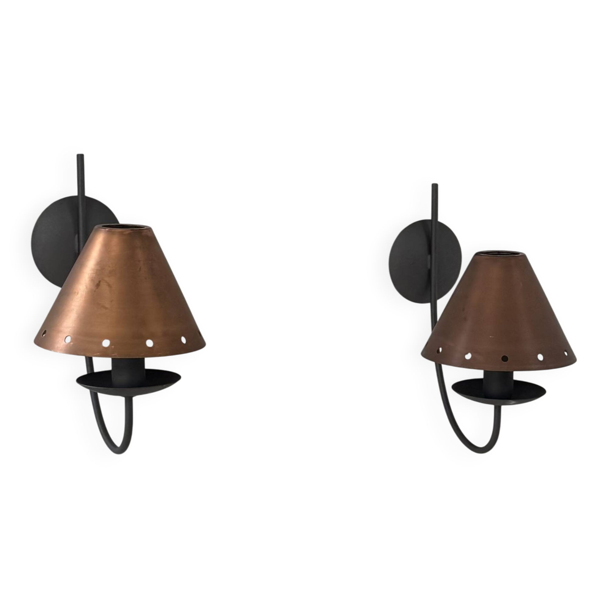 Pair of vintage wall lights, copper and black lacquered metal, France, 1970.