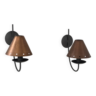 Pair of vintage wall lights, copper and black lacquered metal, France, 1970.