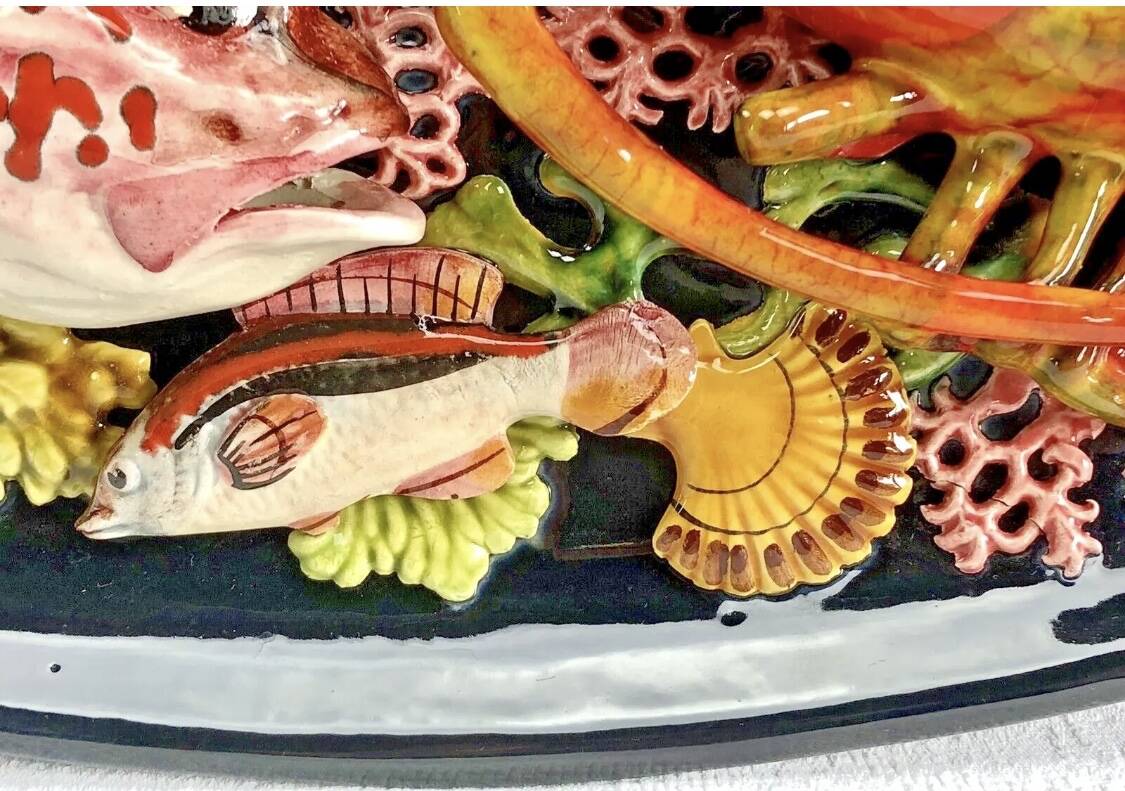 Large Vallauris slip dish 57x25 cm lobster fish